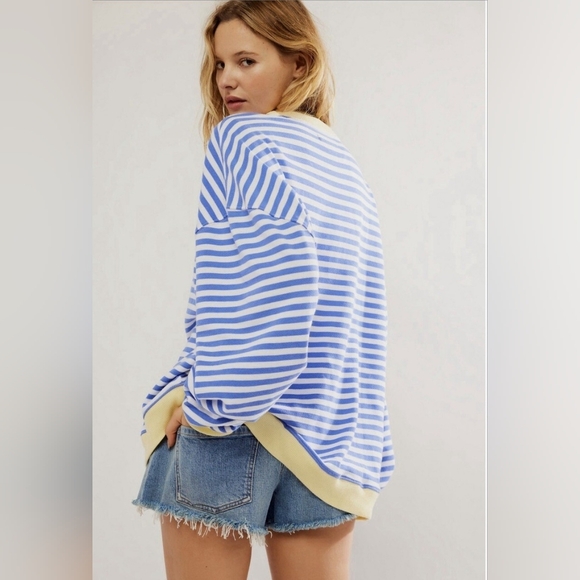 WE THE FREE Free People Classic Pullover Sweatshirt in Blue Combo Size XL - Picture 2 of 14